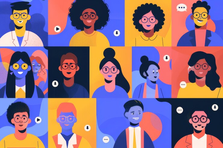 Ilustración colorida de diversas personas en una cuadrícula que muestra varios personajes y personalidades en tonos vibrantes