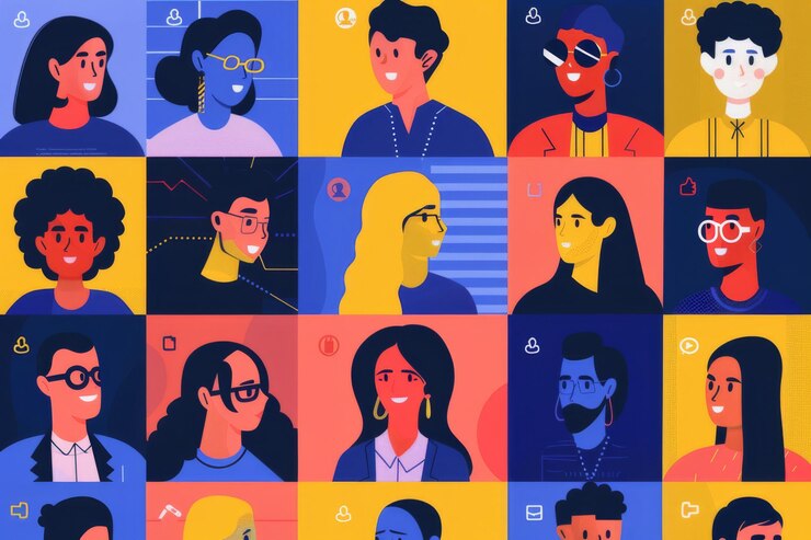 Ilustración colorida de diversas personas en una cuadrícula que muestra varios personajes y personalidades en tonos vibrantes