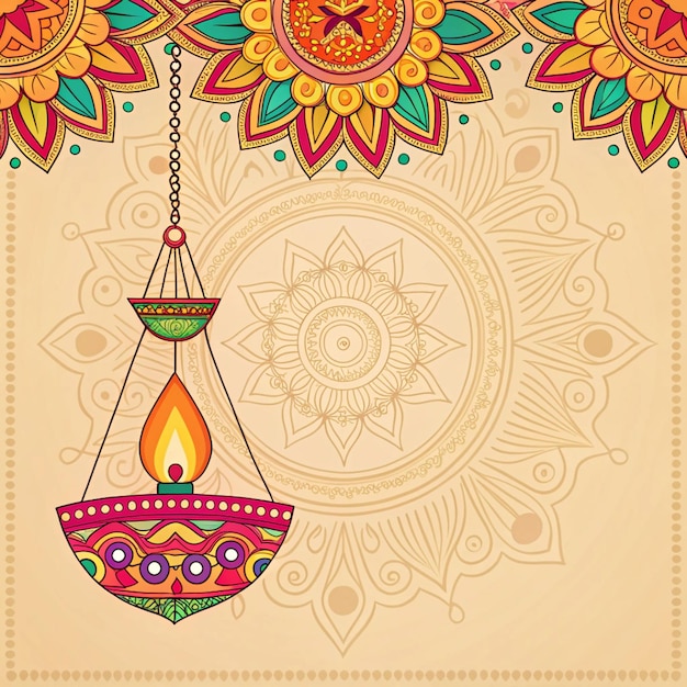 una ilustración colorida de Diwali feliz de una linterna colgada con una vela en ella