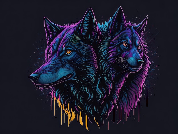 Una ilustración colorida de dos lobos con las palabras lobo en el frente.