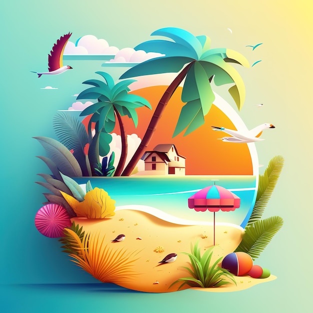 Una ilustración colorida de una escena de playa con una casa en la playa.