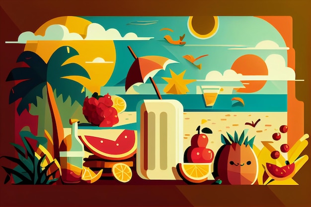 Una ilustración colorida de una escena de playa con una fruta y una botella de agua.