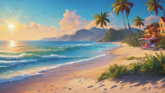 Una ilustración colorida de una escena de playa con las palabras