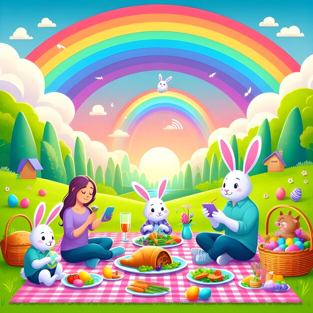 Foto una ilustración colorida de una familia teniendo un picnic con conejo y arco iris