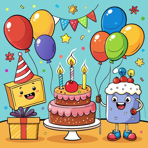 Ilustración colorida de feliz cumpleaños globos pastel y regalos