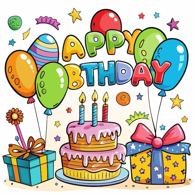 Ilustración colorida de feliz cumpleaños globos pastel y regalos