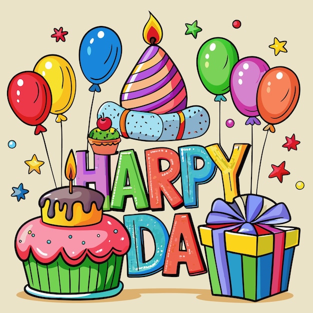 Ilustración colorida de feliz cumpleaños globos pastel y regalos