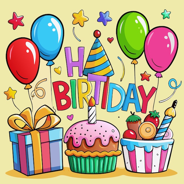 Ilustración colorida de feliz cumpleaños globos pastel y regalos