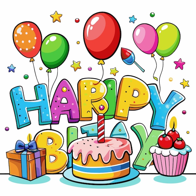 Ilustración colorida de feliz cumpleaños globos pastel y regalos