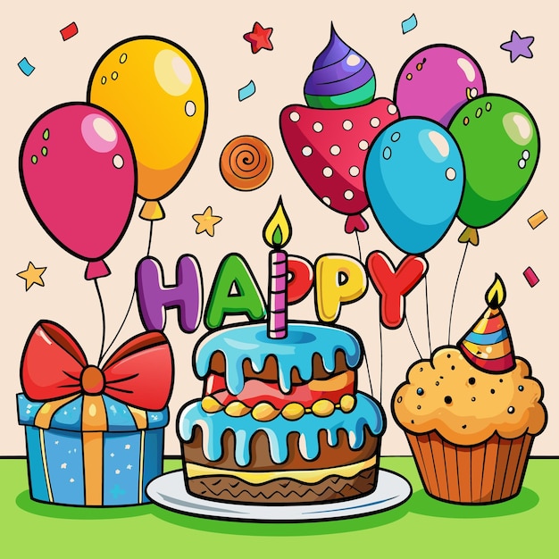 Ilustración colorida de feliz cumpleaños globos pastel y regalos