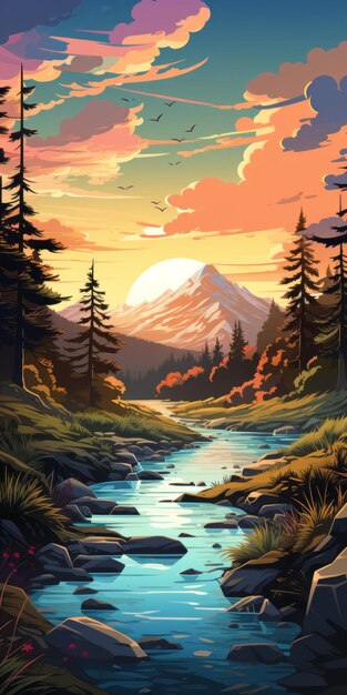 Ilustración colorida del fiordo con bosque y dunas