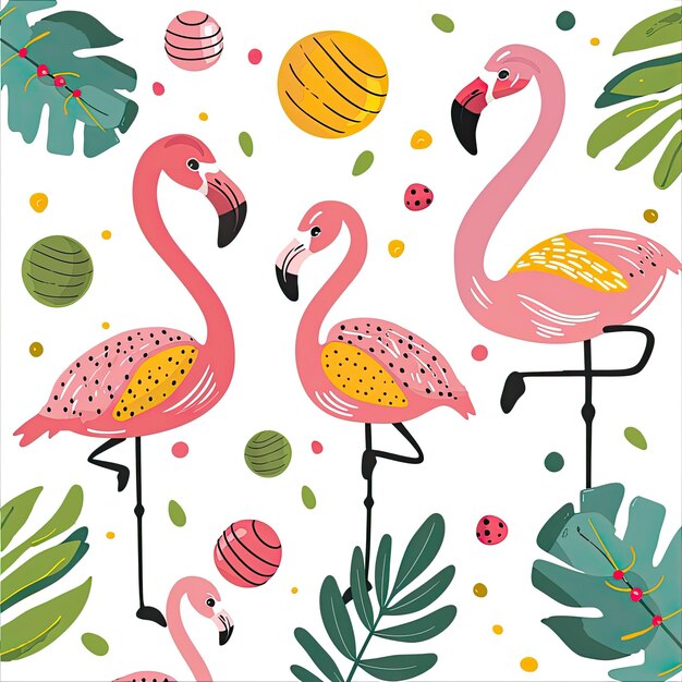 una ilustración colorida de flamencos rosados con un fondo verde