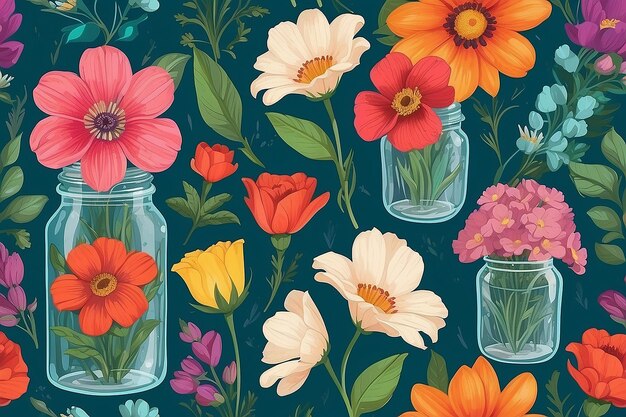 Una ilustración colorida de flores en un frasco de vidrio