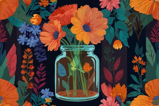 Una ilustración colorida de flores en un frasco de vidrio