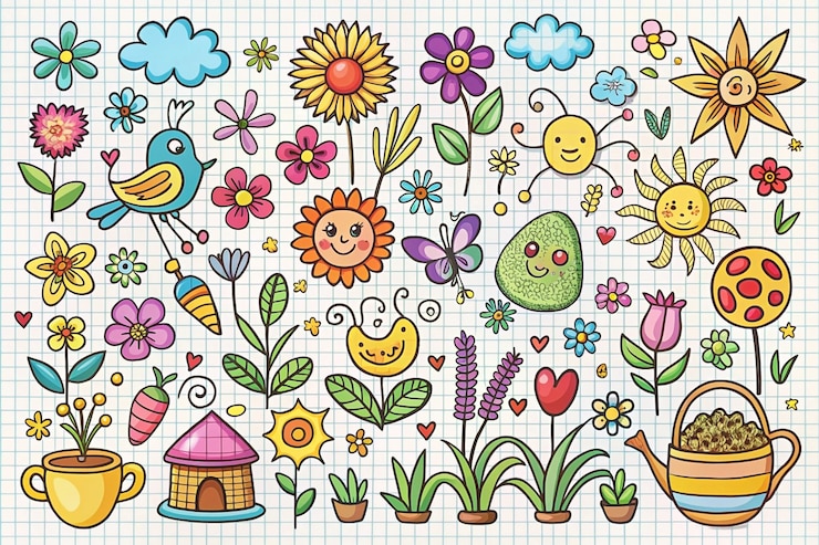 Foto ilustración colorida de flores, plantas, pájaros, sol y elementos del jardín en el fondo de papel de cuaderno