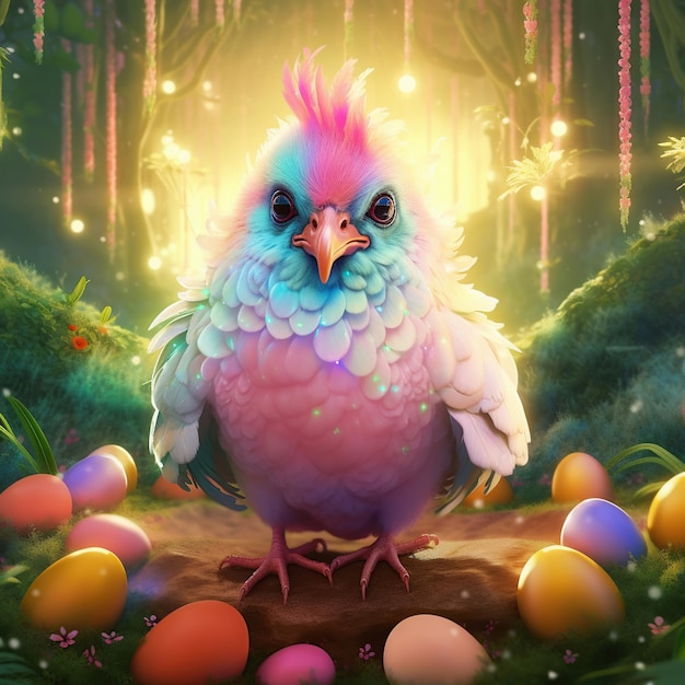 Ilustración colorida de gallinas poniendo huevos en el bosque Generativo Ai