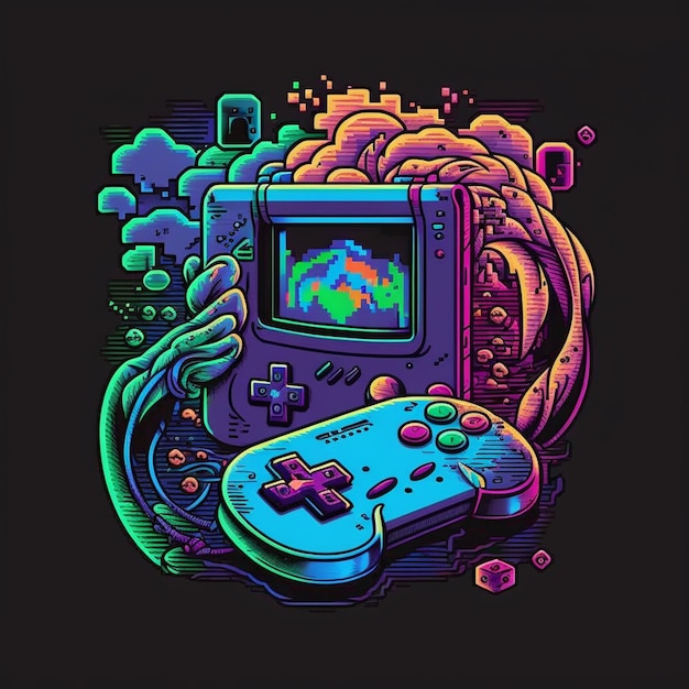 Foto una ilustración colorida de un gameboy con un cerebro en la pantalla generativa ai