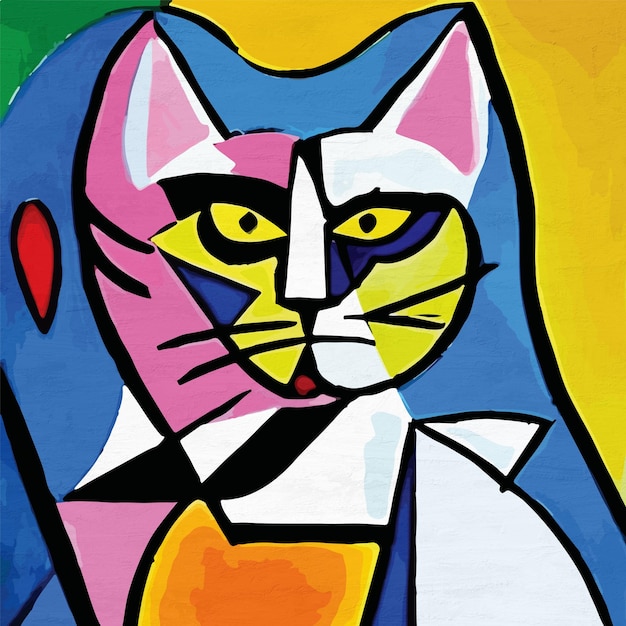 Ilustración colorida de gato en estilo cubismo