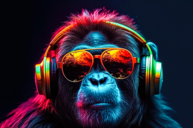 Una ilustración colorida de Gorilla DJ con auriculares elegantes perfecta para un diseño de camiseta divertido y creativo generado por Ai