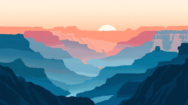 Una ilustración colorida del Gran Cañón al atardecer con una estética geométrica casi pixelada