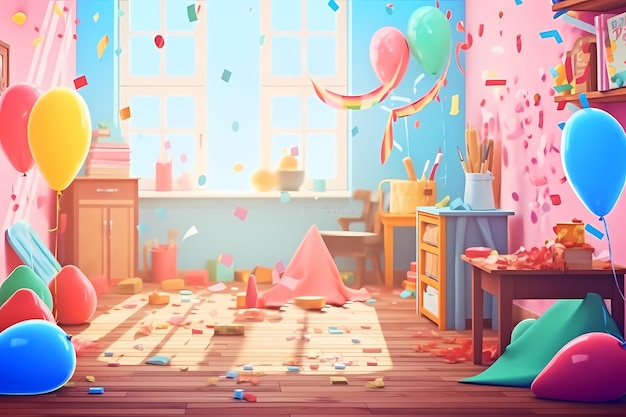 Una ilustración colorida de una habitación con una niña mirando una mesa con globos.
