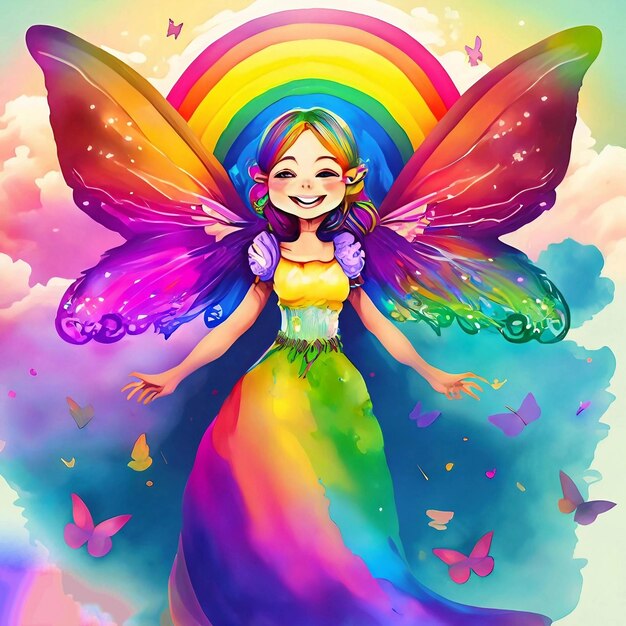 Una ilustración colorida de un hada con un arco iris en el fondo.