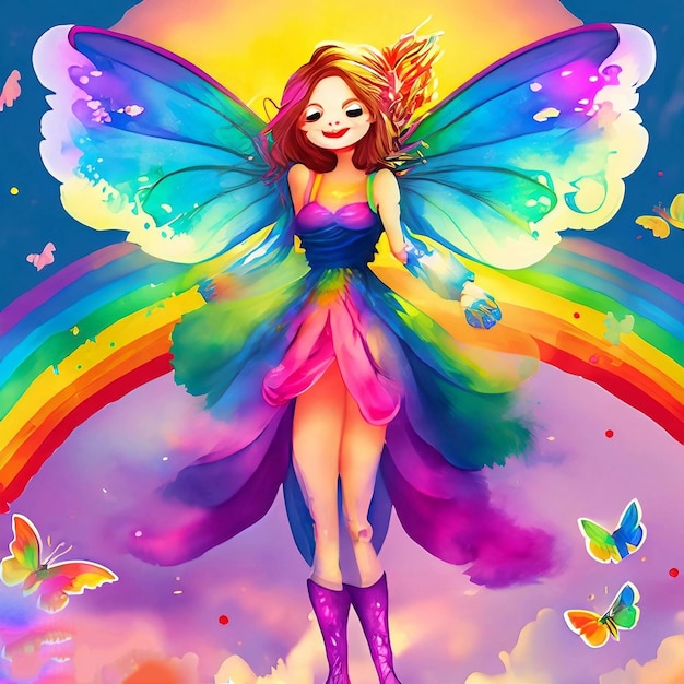 Una ilustración colorida de un hada con mariposas y arco iris.