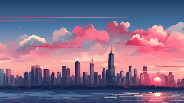 una ilustración colorida de un horizonte con un cielo rosa y una nube rosa.