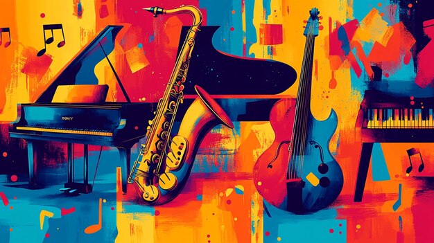 Ilustración colorida de instrumentos musicales con colores vibrantes y patrones abstractos