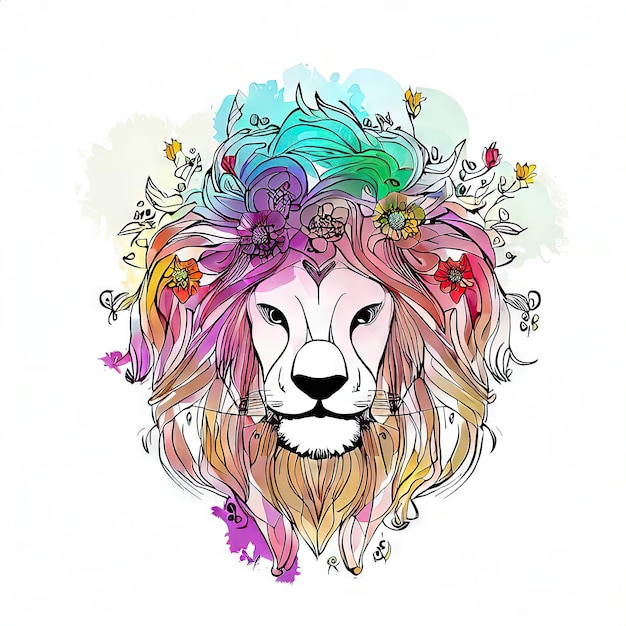 Foto ilustración colorida de un león con flores en él