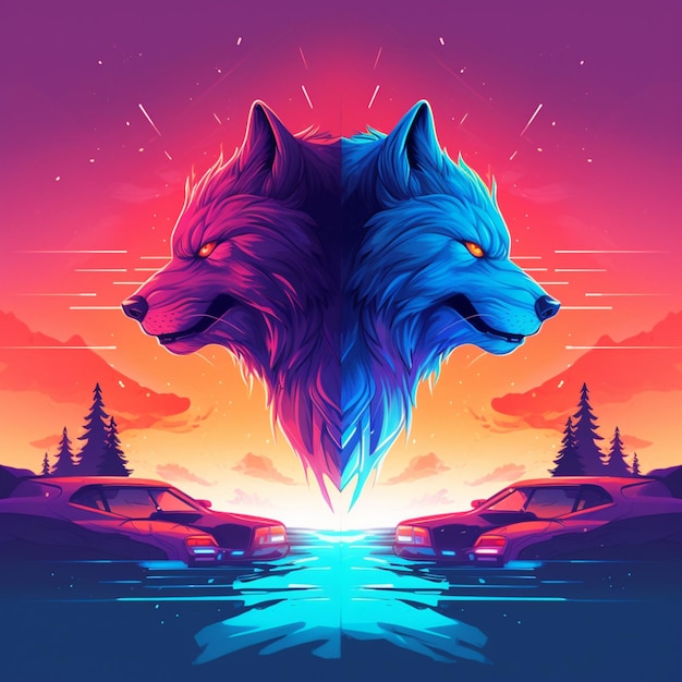 Ilustración colorida de un lobo con autos