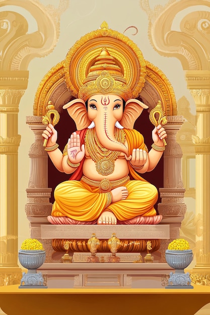 Ilustración colorida de Lord Ganesha sentado en el trono bendiciendo a los devotos con el fondo del templo