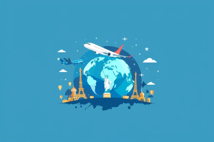 Ilustración colorida de un mapa del mundo con puntos de referencia famosos que muestran viajes internacionales y sitios culturales