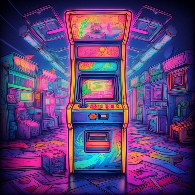 una ilustración colorida de una máquina con una imagen de un juego llamado juego.