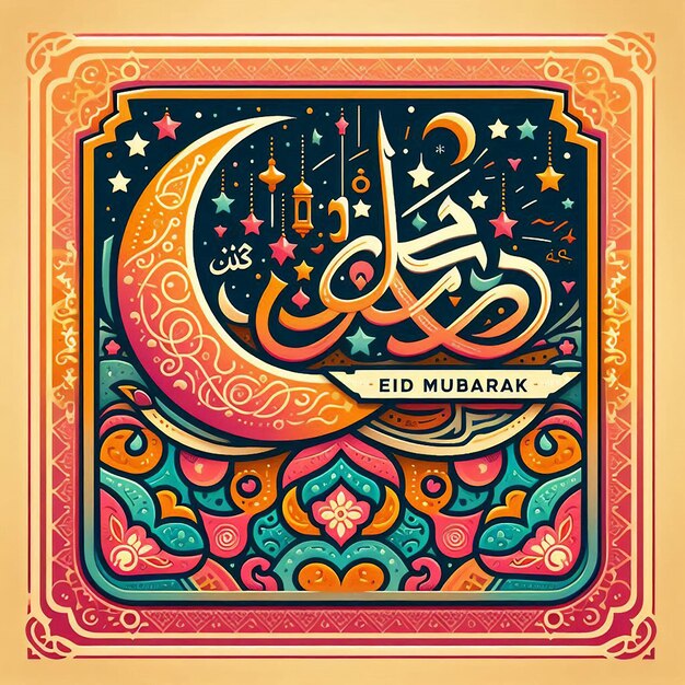 Foto una ilustración colorida de una mezquita con una caligrafía en ella eid mubarak