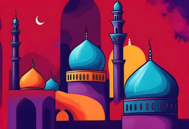 una ilustración colorida de una mezquita con un cielo rojo y una luna en el fondo