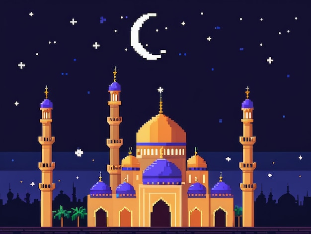 una ilustración colorida de una mezquita con la luna y las estrellas en el fondo