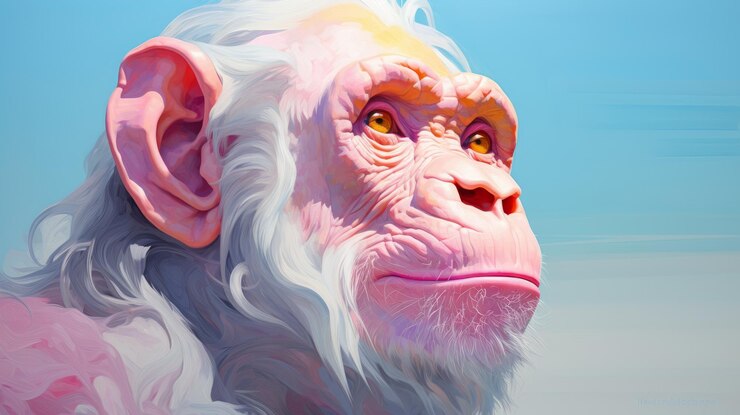 Foto ilustración colorida de un mono rosado al estilo de aleksi briclot
