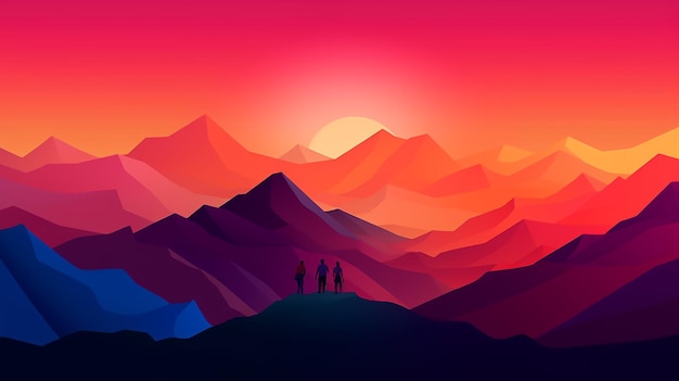 Ilustración colorida de montañas con una puesta de sol en el fondo