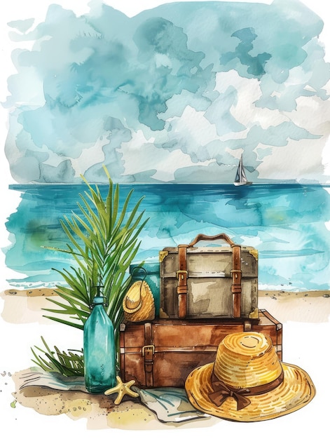 Una ilustración colorida muestra maletas antiguas contra un telón de fondo tropical