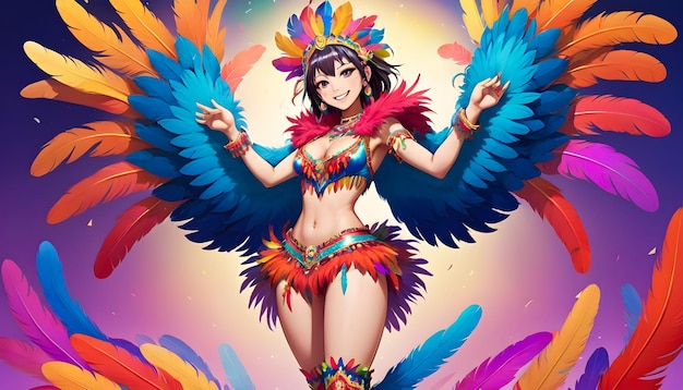 una ilustración colorida de una mujer de carnaval con alas estilo anime Carnival do Rio