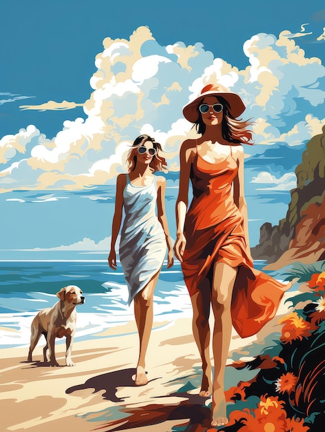 Ilustración colorida de una mujer joven en la playa