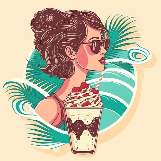 Ilustración colorida de una mujer de playa bebiendo una bebida fría divirtiéndose en el resort afuera Retrato de una hermosa joven de moda con gafas de sol y traje de baño bebiendo un cóctel