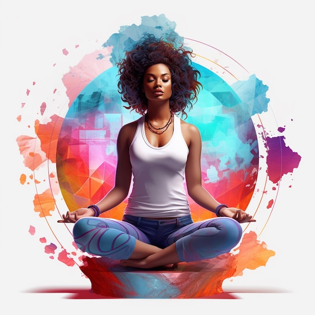 Ilustración colorida de mujer sentada en postura meditativa