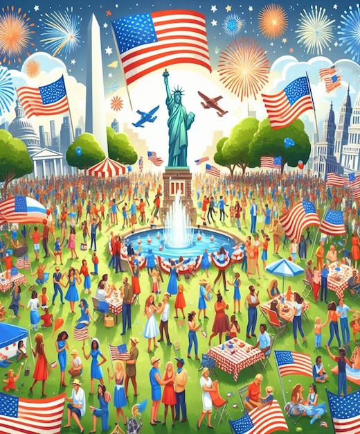 Foto una ilustración colorida de una multitud de personas en un parque con una estatua de la libertad y la estatua de la libertad