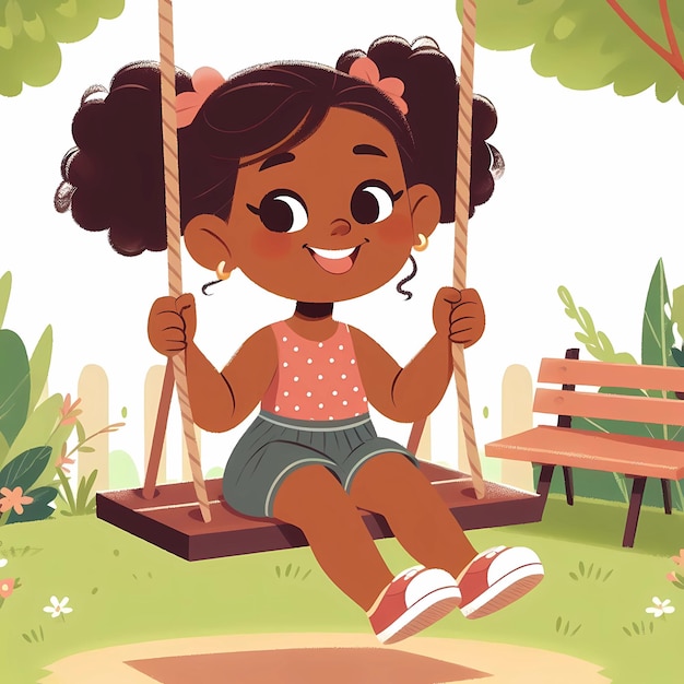 Ilustración colorida de una niña en un columpio en verano