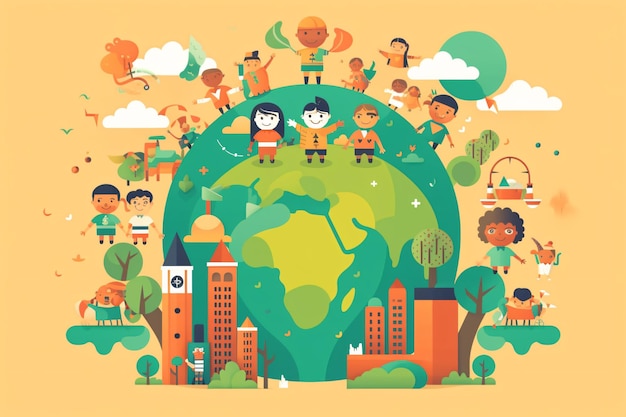 Una ilustración colorida de niños en un globo con las palabras " salvar el planeta " en él.