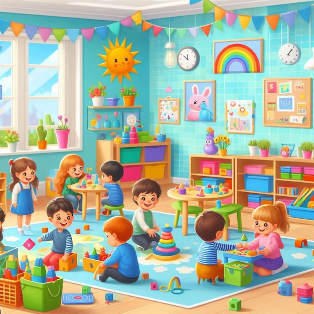 una ilustración colorida de niños jugando en una habitación con un arco iris