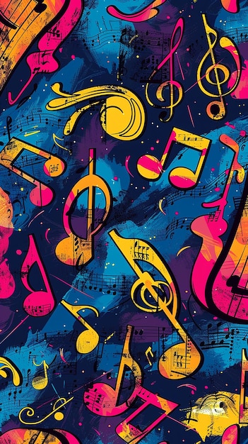 una ilustración colorida de notas musicales y música