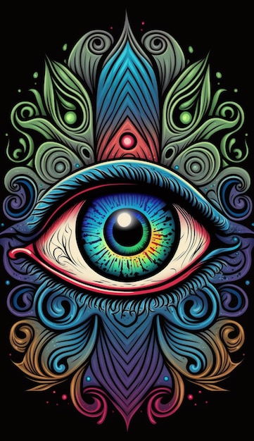 Una ilustración colorida de un ojo con un ojo azul y un fondo negro.